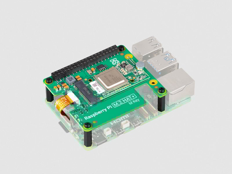 Raspberry Pi 5 wearing the Raspberry Pi AI Kit